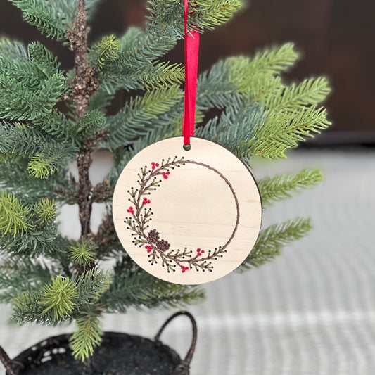 Pinecone Wreath Ornament Wood Embroidery